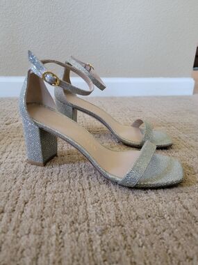 Stuart Weitzman Glitter Block Heel Ankle-Strap Sandals In Platino, Size 8